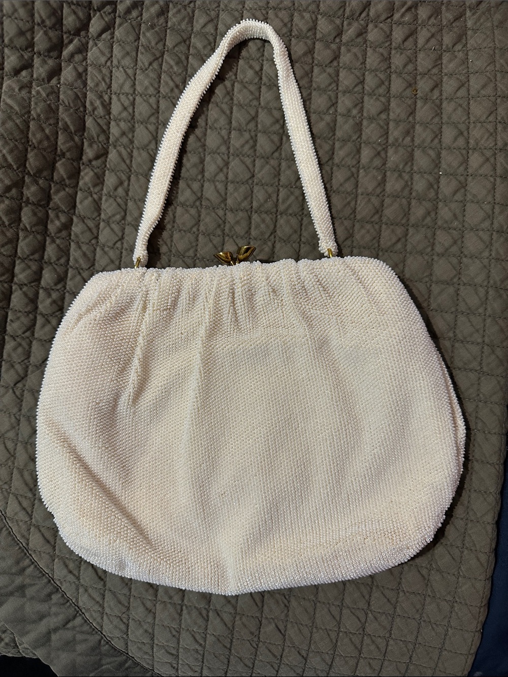 Vintage 1950’ish Elegant hand beaded in France Cream Beaded Handbag. Super clean